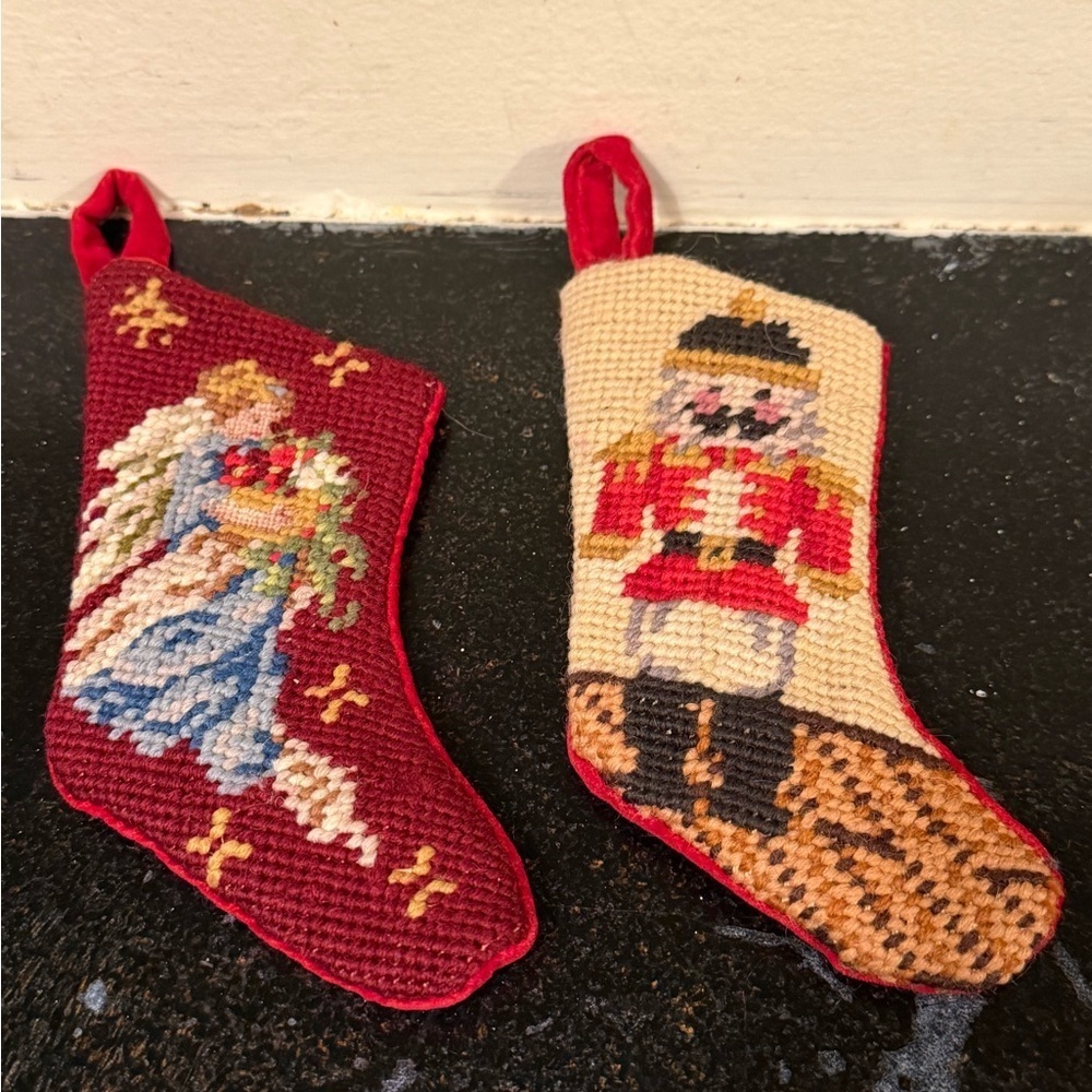 Vintage Christmas Miniature Needlepoint Stockings Set Of Two